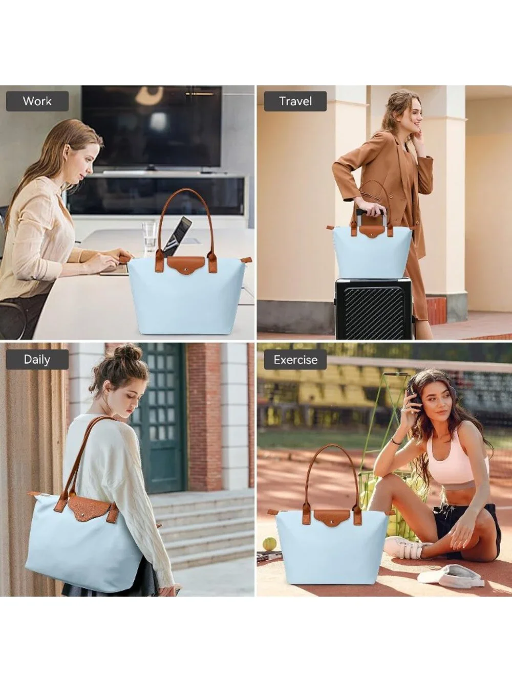 👜Women's Sky Blue Nylon Tote Bag Large Capacity Shoulder Handbag With Zipper